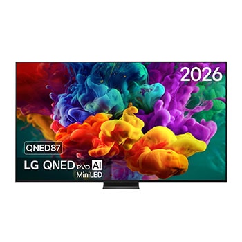 Het vooraanzicht van de LG QNED evo AI QNED87 Mini LED, uitgebracht in 2026, laat levendige, vloeiende uitbarstingen van dichte kleurwolken op het scherm zien, met Dynamic QNED Color Pro, Mini LED, een alpha 8 AI Processor 4K Gen3, webOS en een 100-inch scherm.